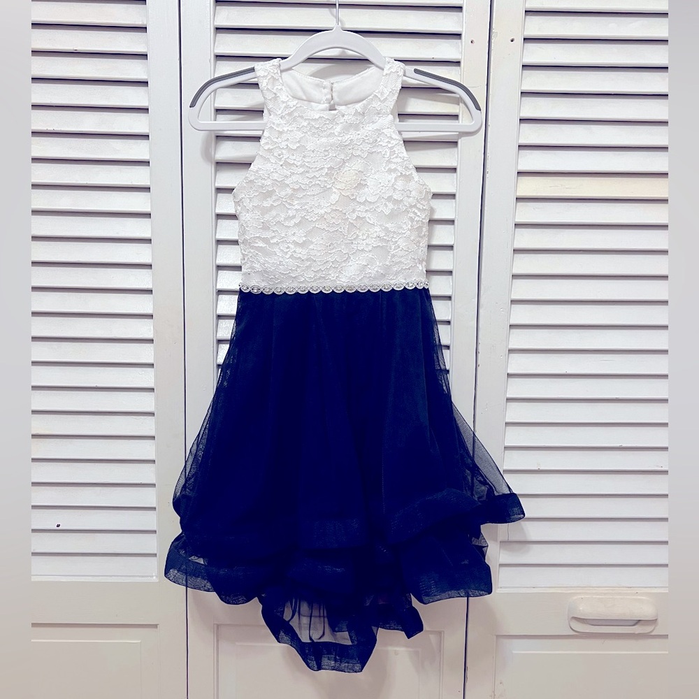 Speechless Formal 4T Girls White & Navy Dress with Wide Ribbon Hem